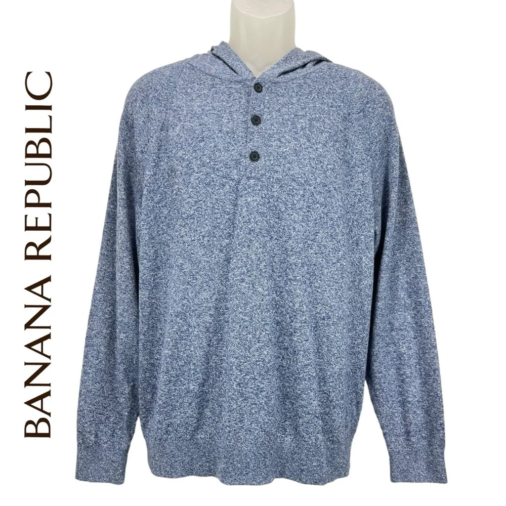 Banana Republic Men Large Blue Pullover Hooded Henley Lightweight Sweater
